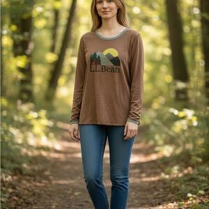 L.L. Bean Women's Brown Mountain Graphic Long-Sleeve Tee with Contrast Trim